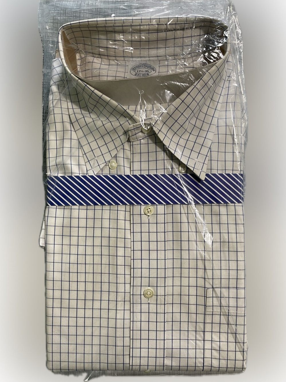 Brooks Brothers Cream Dress Shirt with Blue Windowpane Grid